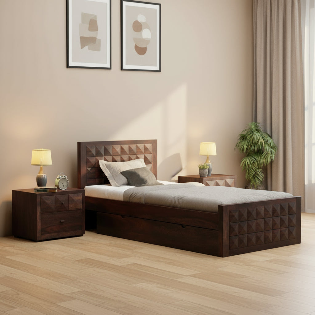 Damiana Solid Sheesham Wood Single Bed With One Drawer (Walnut Finish)