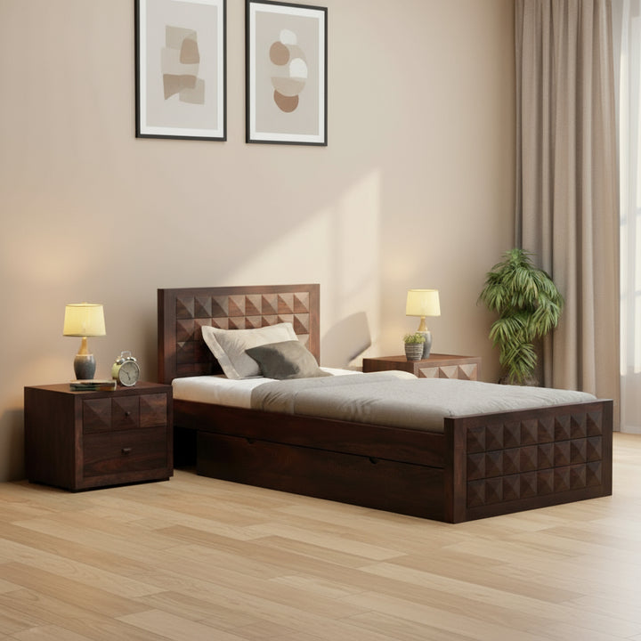 Damiana Solid Sheesham Wood Single Bed With One Drawer (Walnut Finish)
