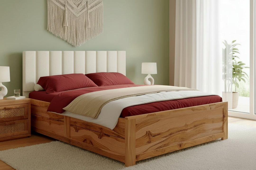 Dao Real Teak Wood Hydraulic Bed King Size Light Beige