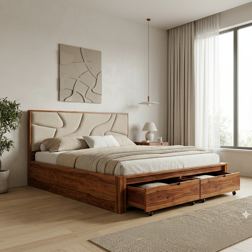 Delilah Premium Sheesham Wood Bed with Fabric Headboard