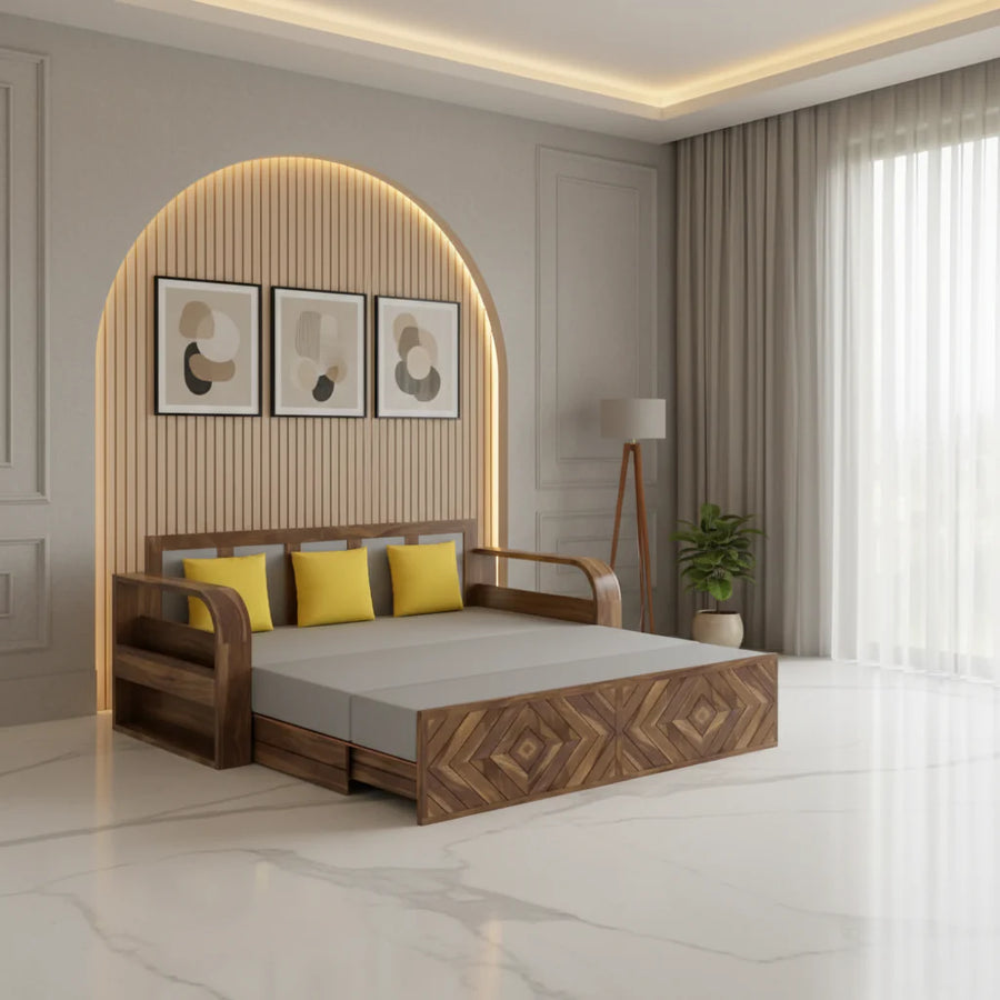Demi Solid Sheesham Wood 3 Seater Sofa Cum Bed with Footboard Design Sofa Cum Bed