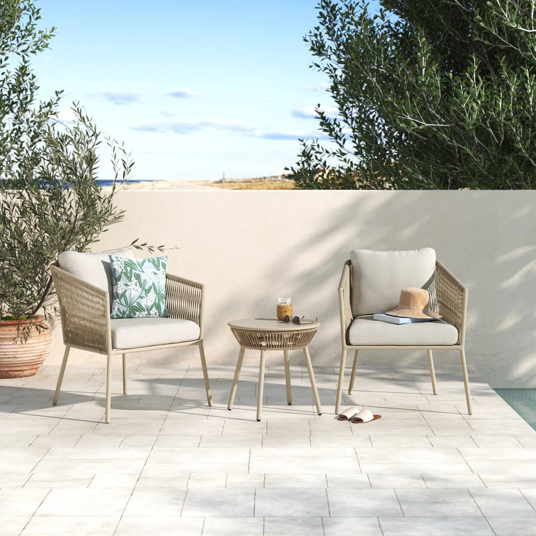 Chimp Outdoor Patio Seating Set 2 Chairs and 1 Table Set (Cream) Braided & Rope