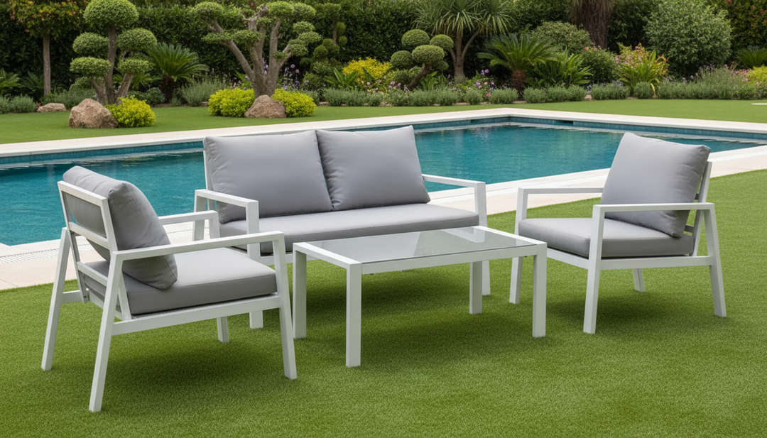 Dona Outdoor Sofa Set 2 Seater, 2 Single seater and 1 Center Table (White + Grey)
