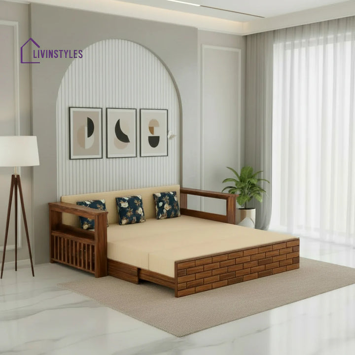 Eliana Solid Sheesham Wood 3 Seater Sofa Cum Bed With Side Pockets and Fabric at Back Sofa Cum Bed