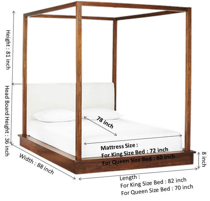 Silvia Solid Sheesham Wood Platfrom Poster Bed with upholstered Headboard