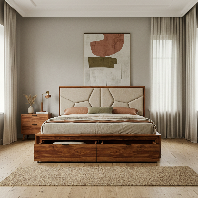 Elsie Premium Sheesham Wood Bed with Fabric Headboard