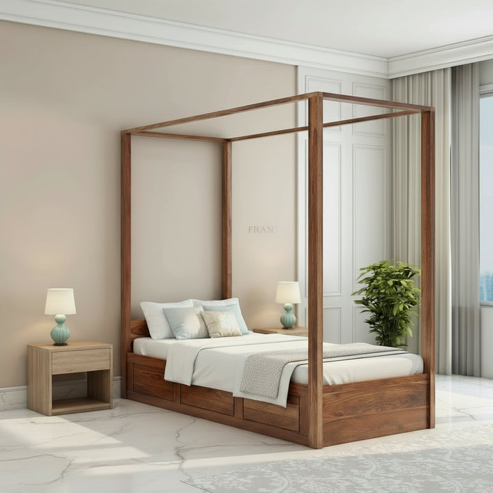 Evangelina Solid Sheesham Wood Single Bed With Box Storage (Natural Finish)