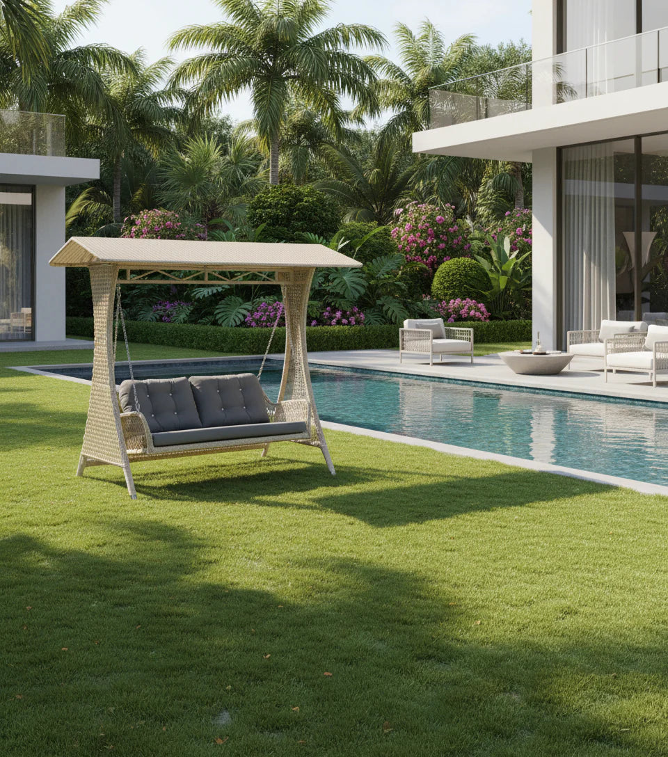 Ezio Double Seater Hanging Swing With Stand For Balcony, Garden Swing (Cream)