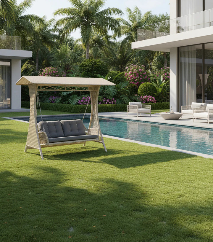 Ezio Double Seater Hanging Swing With Stand For Balcony, Garden Swing (Cream)