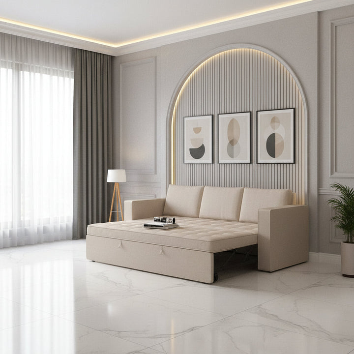 Mario Three Seater Upholstered Sofa Cum Bed Velvet - 12 Months Warranty - CREAM - Seasame - Sofa Cum Bed