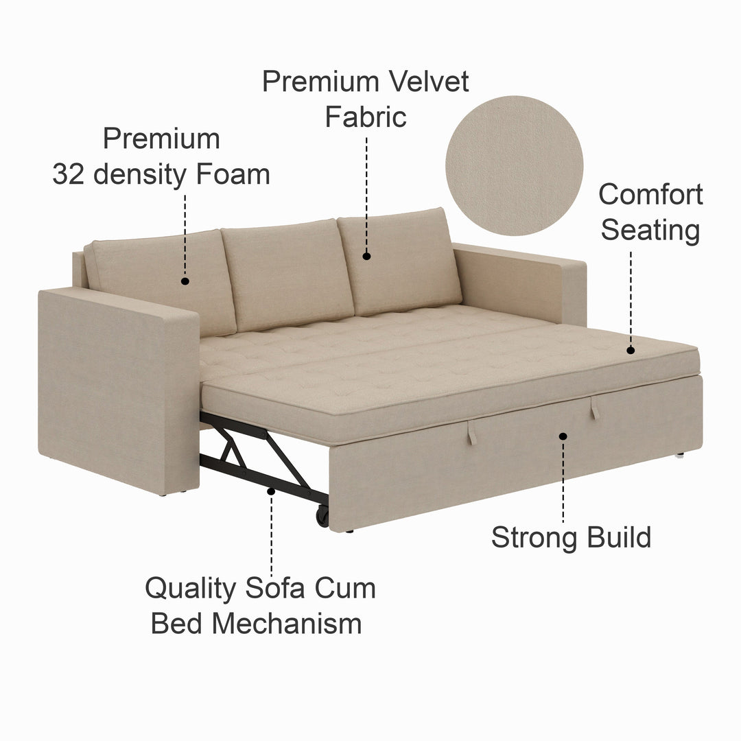 Mario Three Seater Upholstered Sofa Cum Bed Velvet - 12 Months Warranty - CREAM - Seasame - Sofa Cum Bed