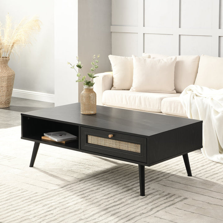 Frances Woven Rattan Wooden Coffee Table in Black Colour Coffee Tables & Nesting Tables