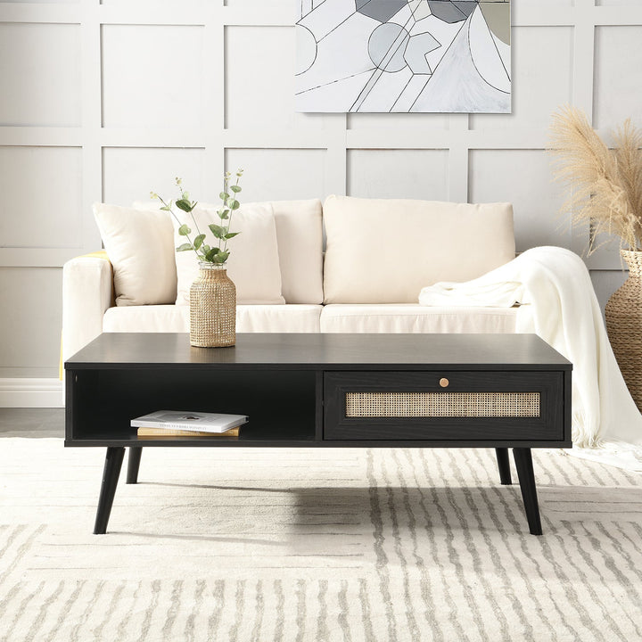 Frances Woven Rattan Wooden Coffee Table in Black Colour Coffee Tables & Nesting Tables