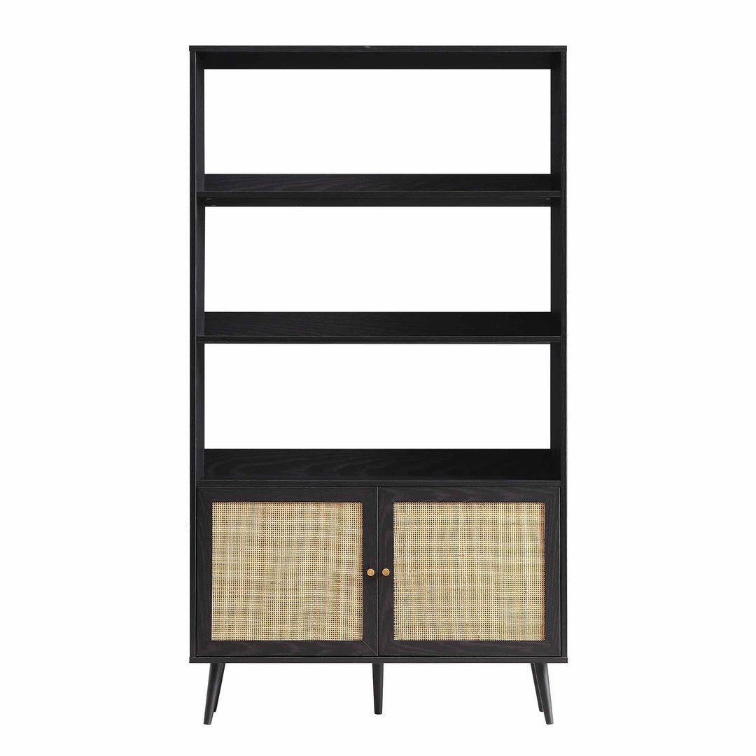 Frances Woven Rattan Bookcase with Doors Black Bookcases & Shelves
