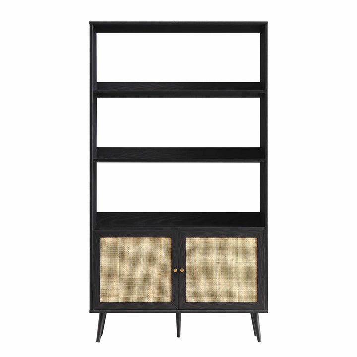 Frances Woven Rattan Bookcase with Doors Black Bookcases & Shelves
