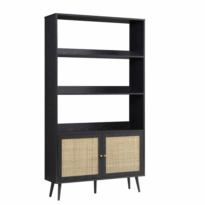 Frances Woven Rattan Bookcase with Doors Black Bookcases & Shelves