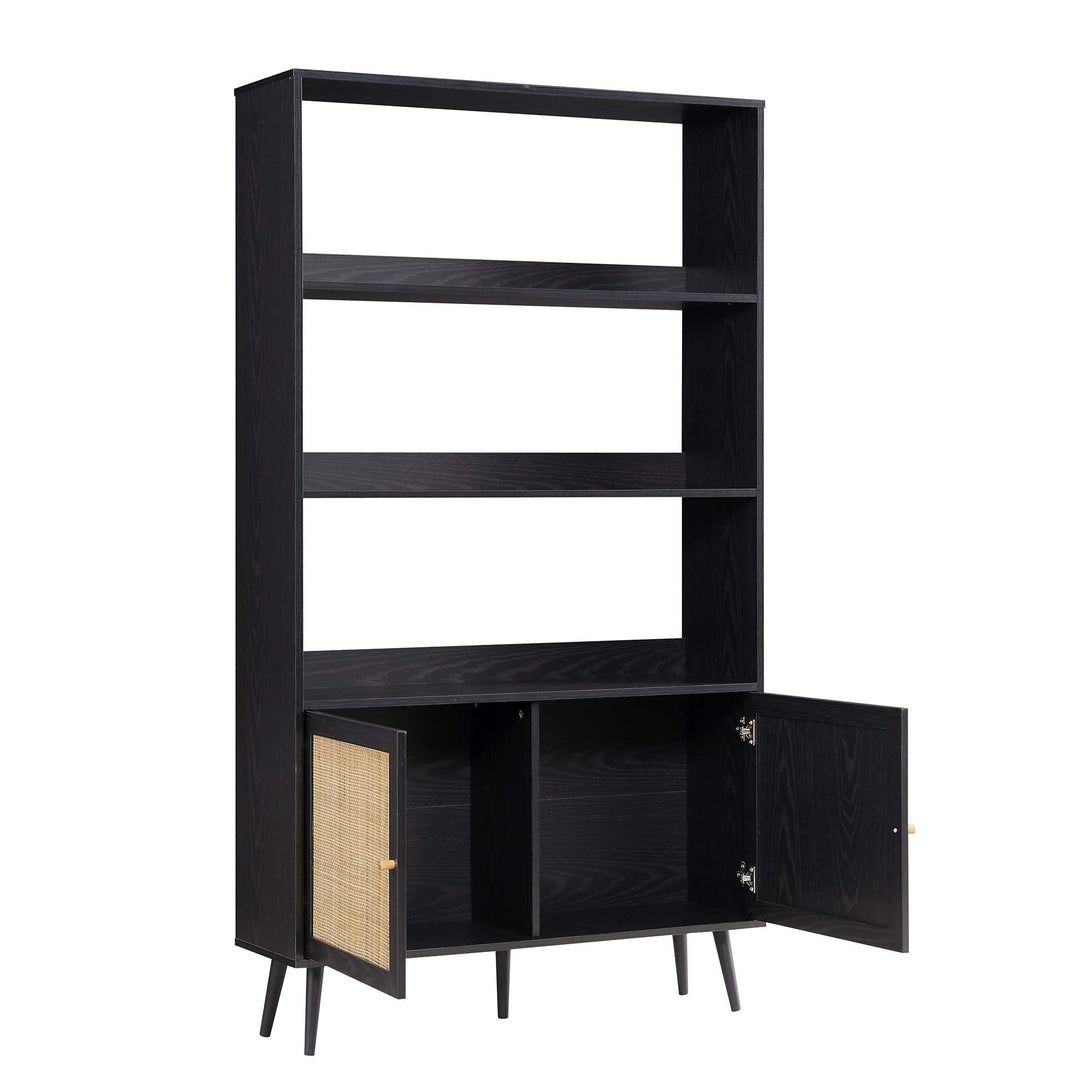 Frances Woven Rattan Bookcase with Doors Black Bookcases & Shelves