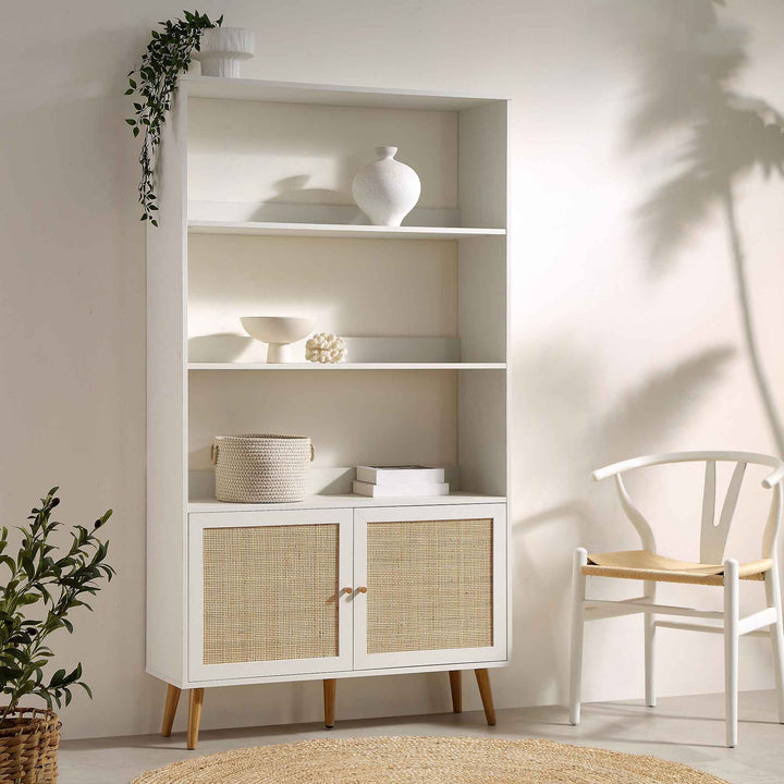 Frances Woven Rattan Bookcase with Doors White Bookcases & Shelves