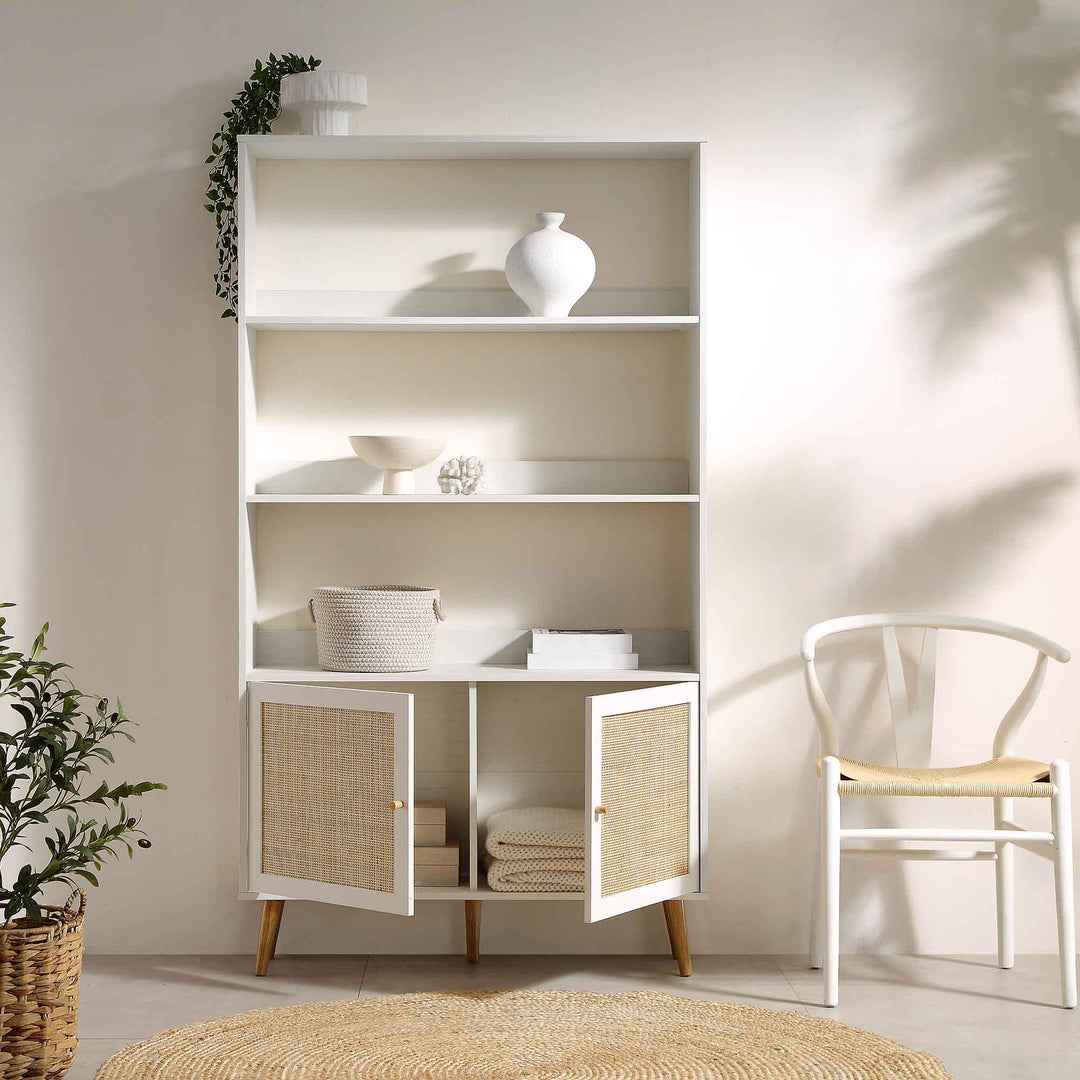 Frances Woven Rattan Bookcase with Doors White Bookcases & Shelves