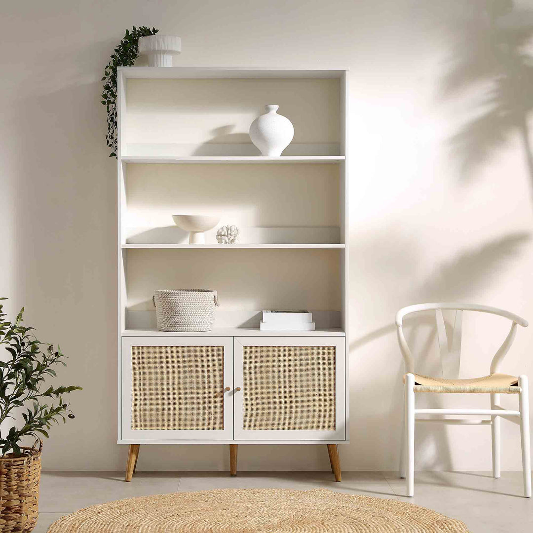 Frances Woven Rattan Bookcase with Doors White Bookcases & Shelves