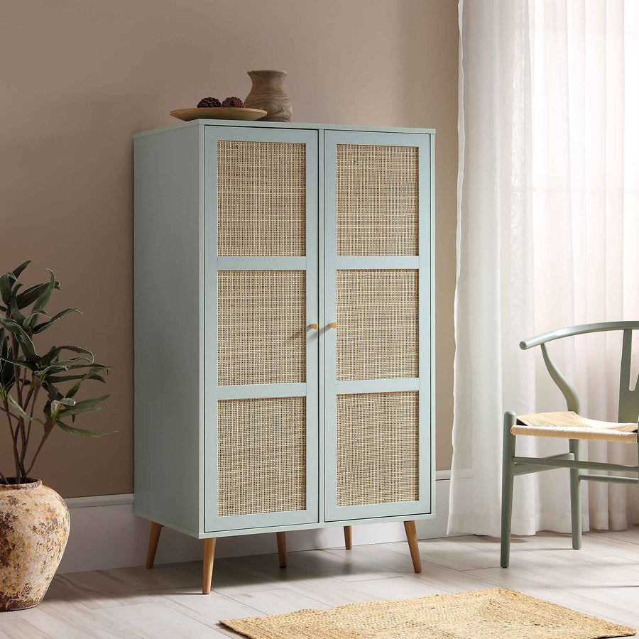 Frances Woven Rattan Compact Double Wardrobe Mint Green Wardrobes
