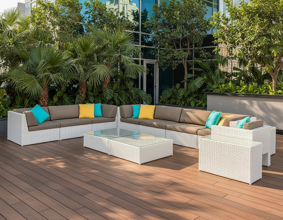 Ferri Outdoor Patio Sofa Set 6 Chairs , 1 Footstool , 1 Side table and 1 Center Table (Off White)