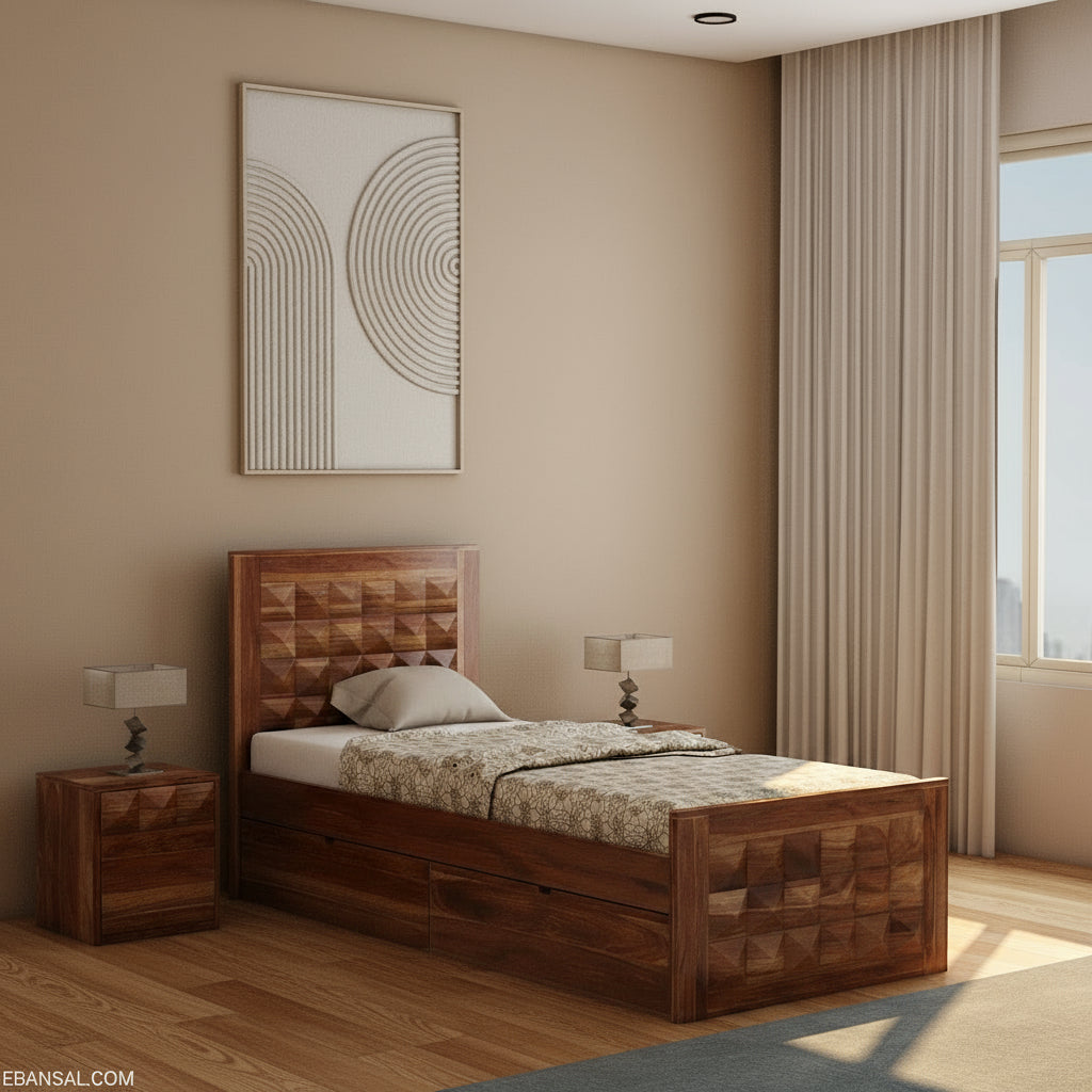 Filomena Solid Sheesham Wood Single Bed With Two Drawer (Natural Finish)