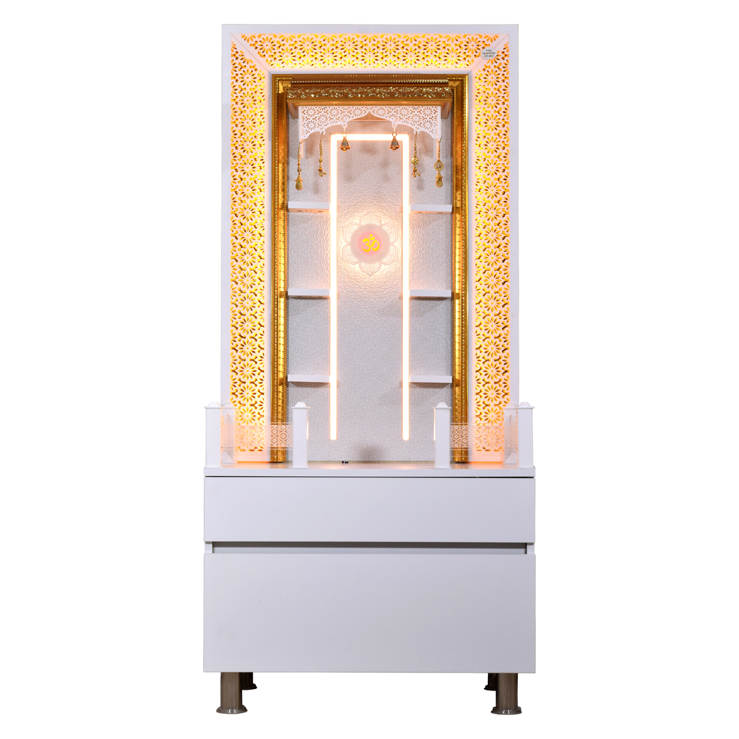 Valeria 5.5' x 2.5' White Gloss Wooden Mandir with Floating Shelves