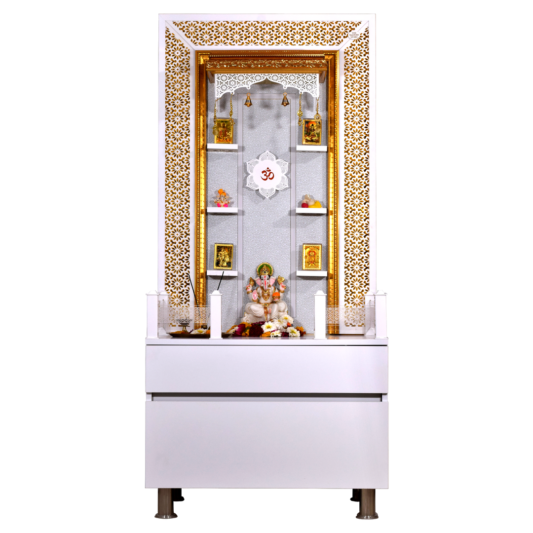 Valeria 5.5' x 2.5' White Gloss Wooden Mandir with Floating Shelves