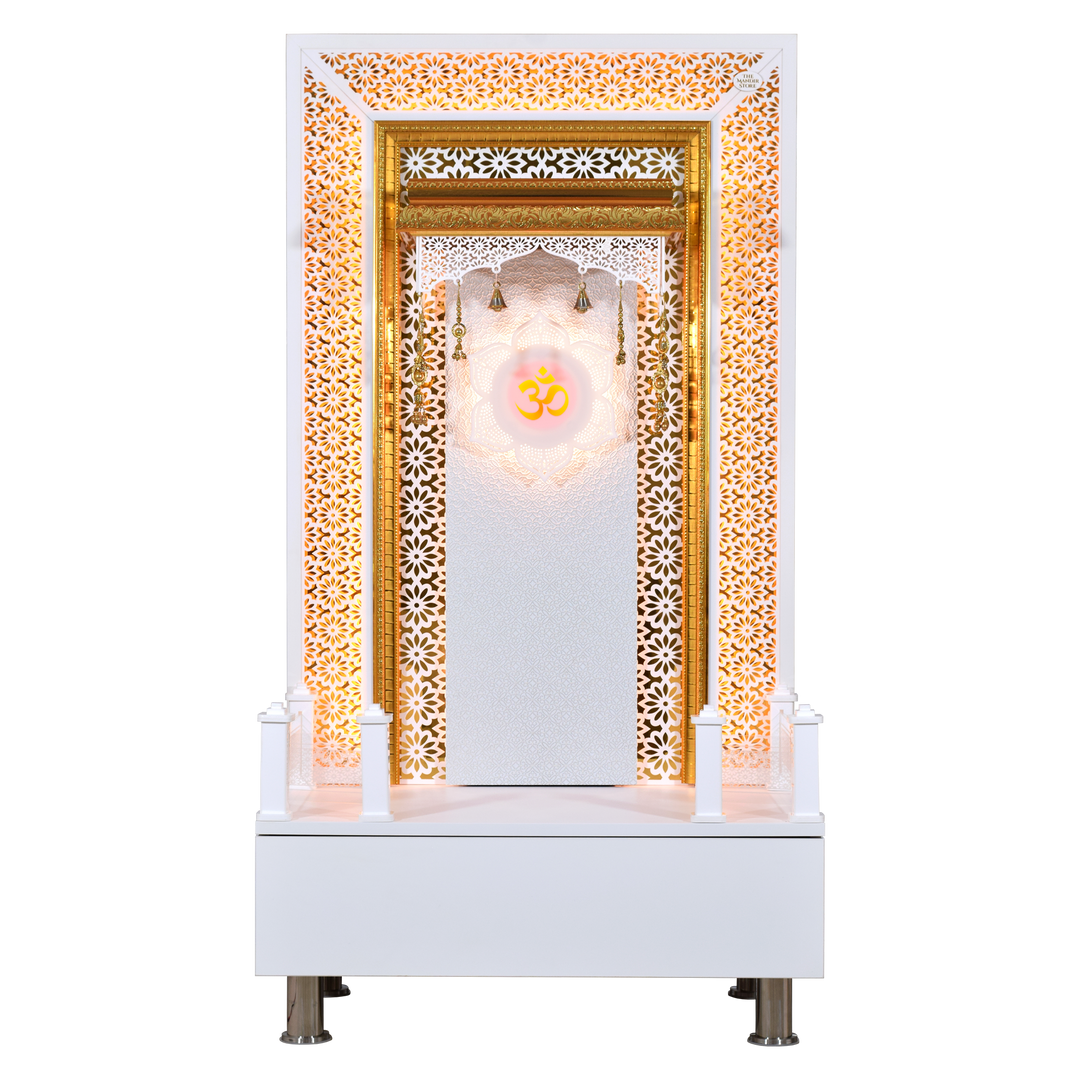 Willow Wooden Designer Mandir for Home In Glossy White Color with Lights
