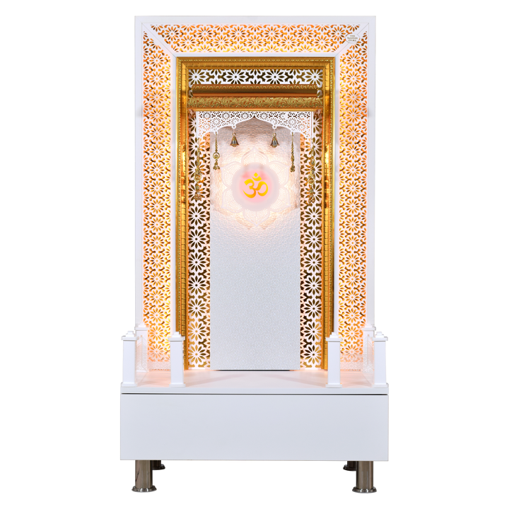 Willow Wooden Designer Mandir for Home In Glossy White Color with Lights