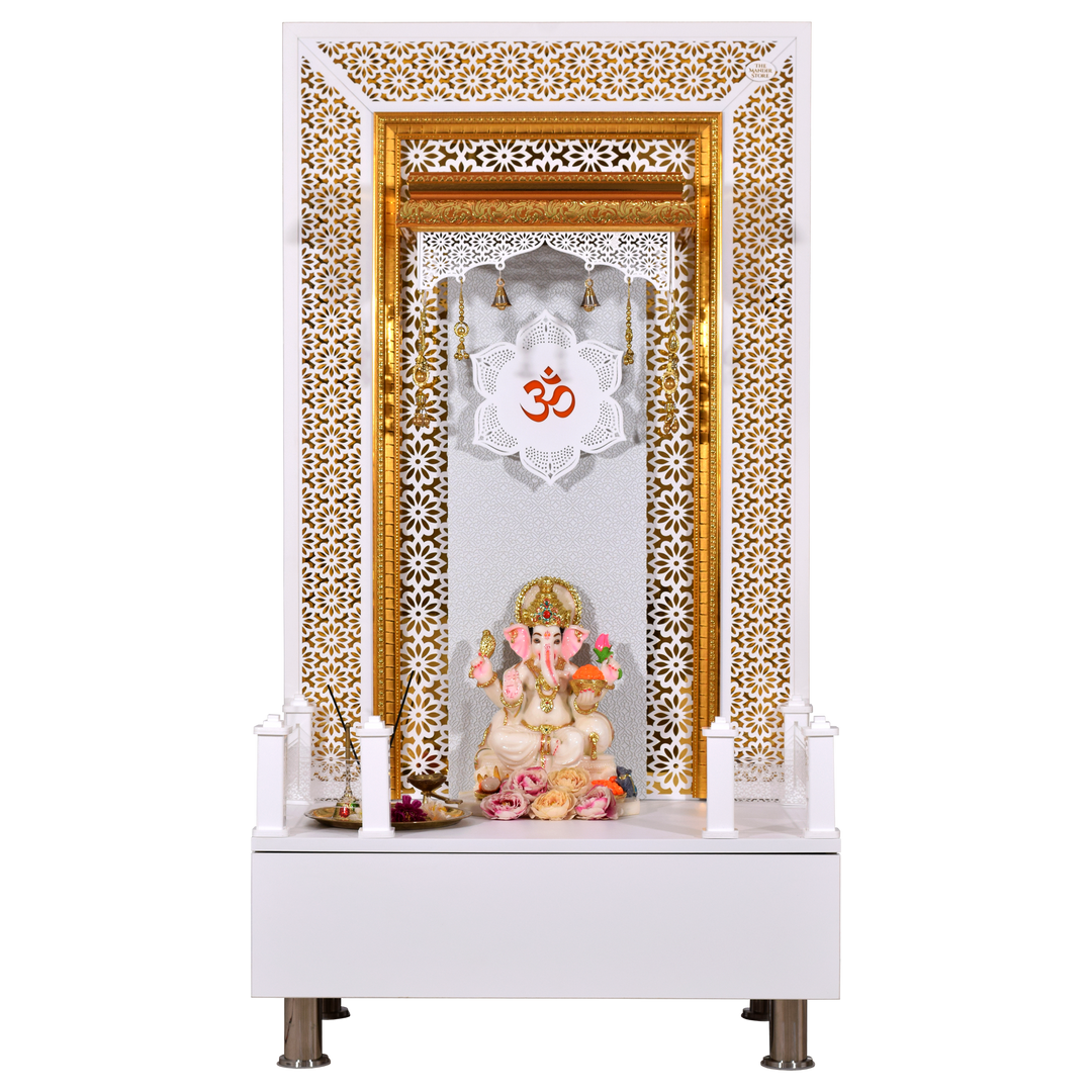 Willow Wooden Designer Mandir for Home In Glossy White Color with Lights