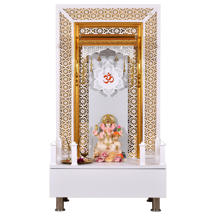 Willow Wooden Designer Mandir for Home In Glossy White Color with Lights