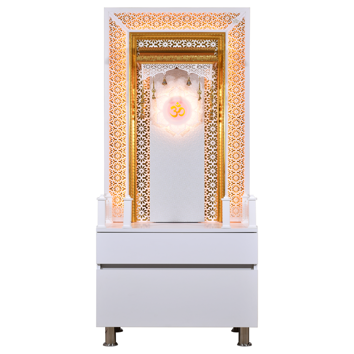 Designer Wooden Mandir for Home with LED Strip Lights and Storage