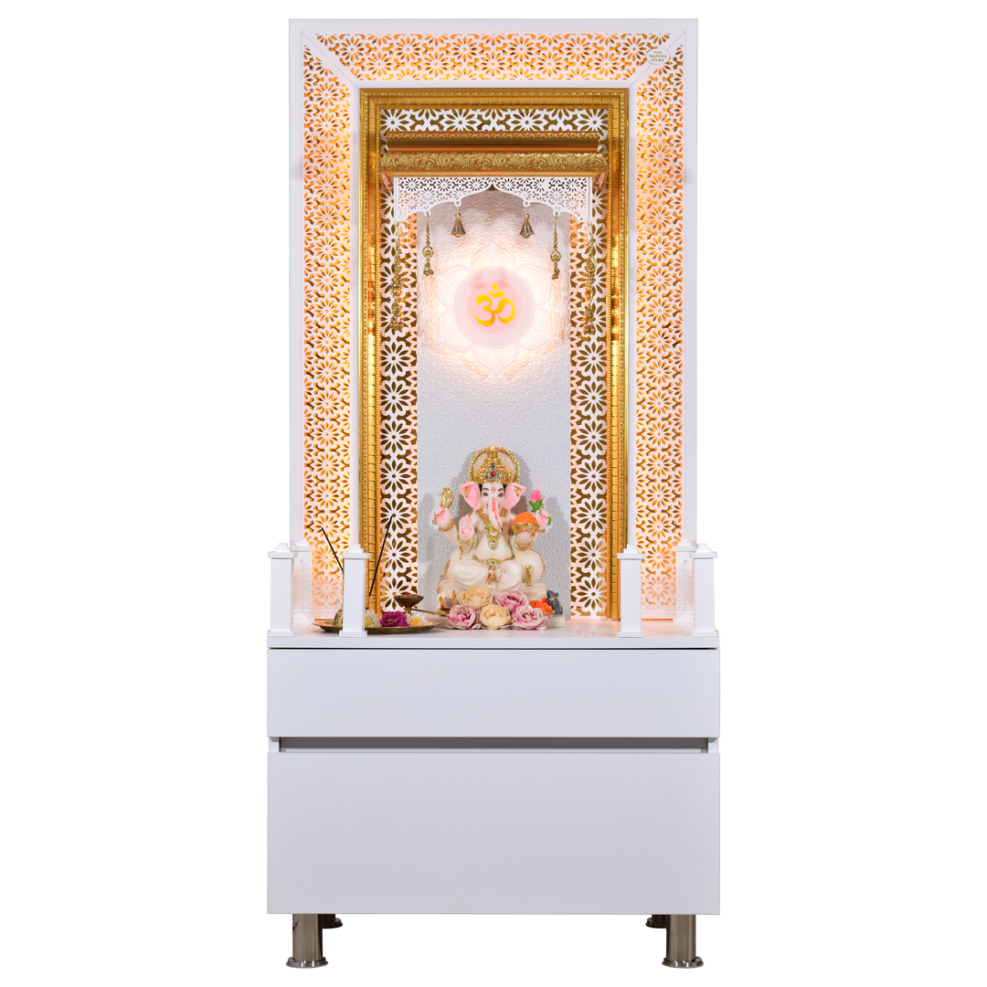 Designer Wooden Mandir for Home with LED Strip Lights and Storage