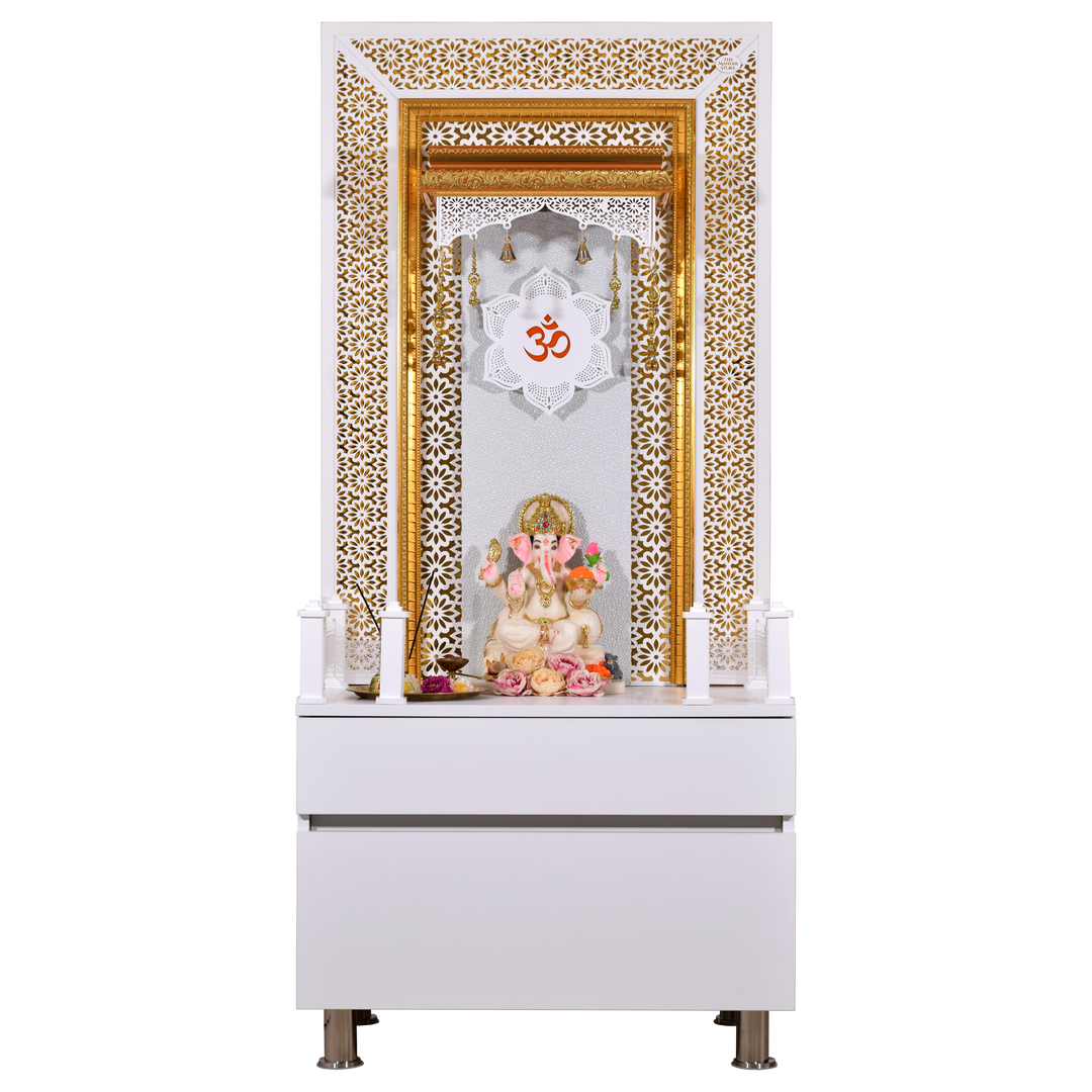 Designer Wooden Mandir for Home with LED Strip Lights and Storage