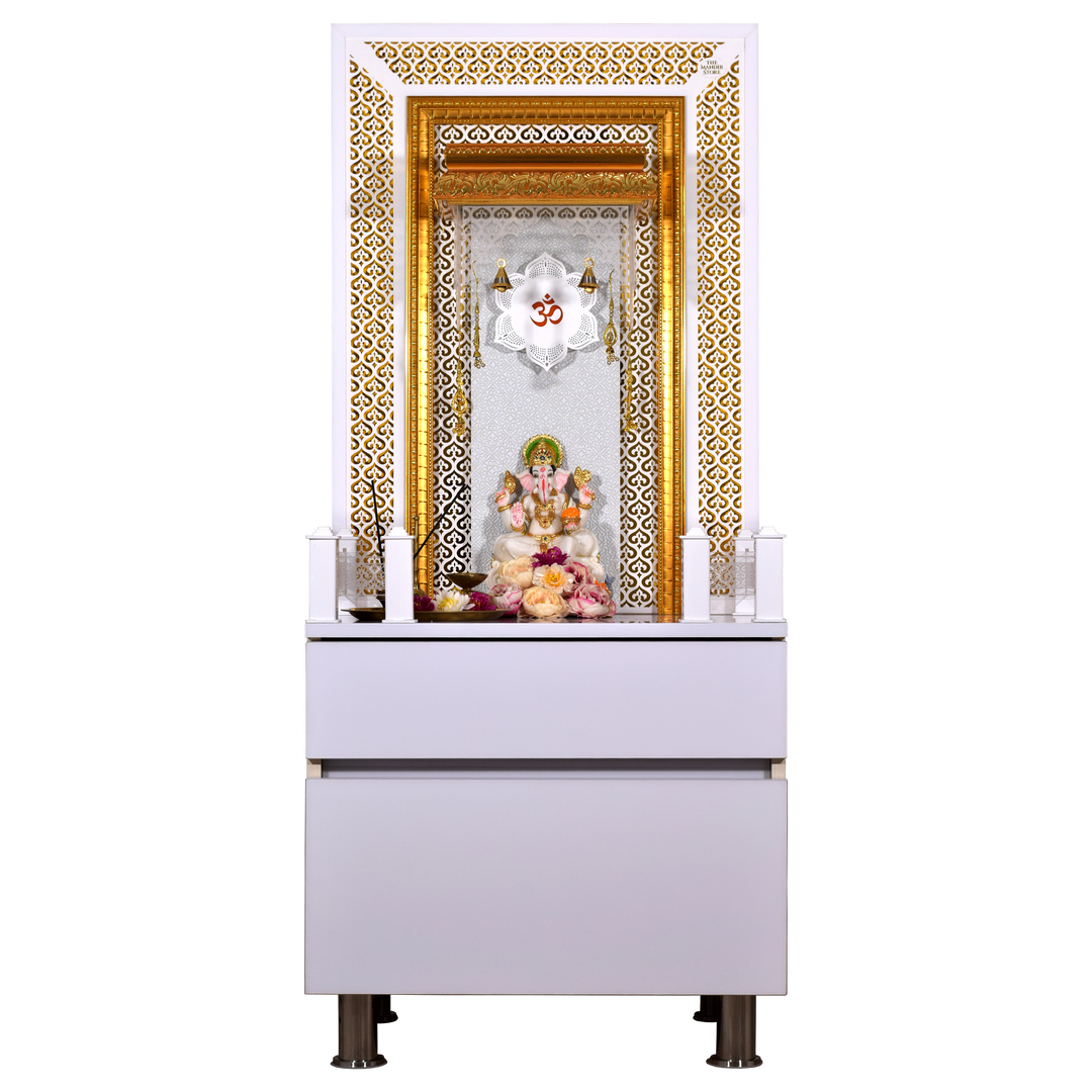 Victoria White Glossy Wooden Pooja Mandir for Flats Home with Storage and Lighting