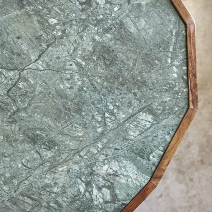 Arjun Oval Coffee Table – Sheesham Wood Frame, Green Marble Top, Iron Legs (Marble Top-Oval, W120 D60 H35 cm)
