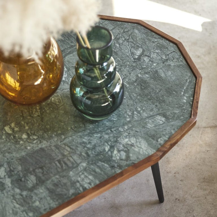 Arjun Oval Coffee Table – Sheesham Wood Frame, Green Marble Top, Iron Legs (Marble Top-Oval, W120 D60 H35 cm)