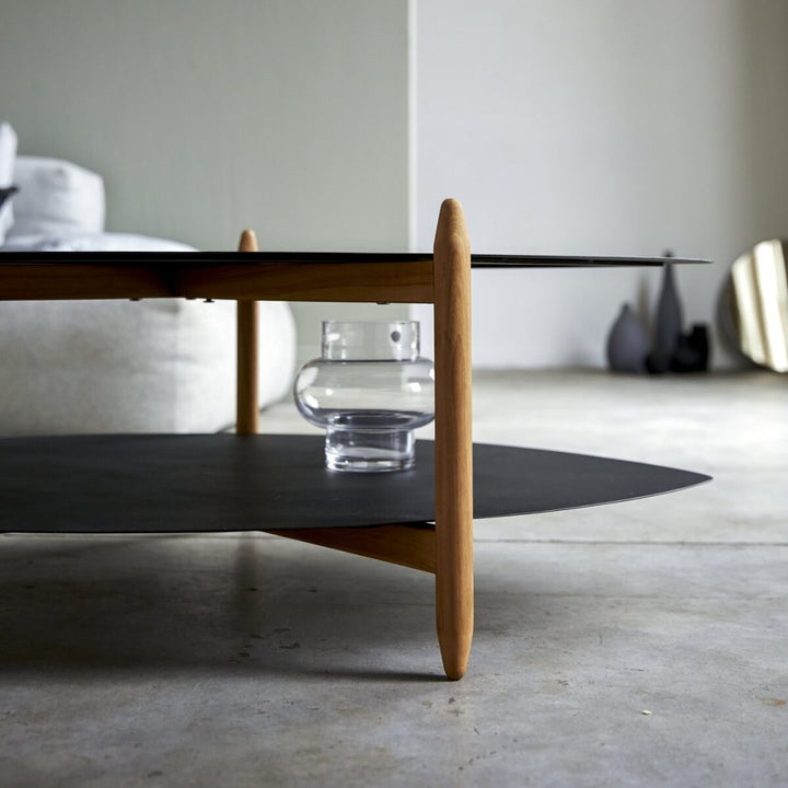 Vivaan Coffee Table  – Black Powder - Coated Iron Top & Shelf, Mango Wood Legs (Oval, W110 D73 H39 cm)