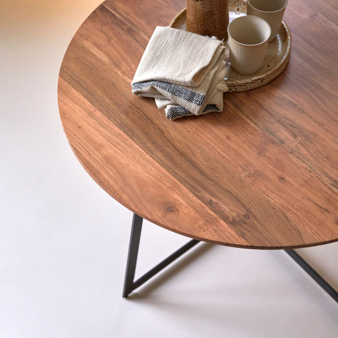 Surya Round Coffee Table – Sheesham Wood Top, Iron Base