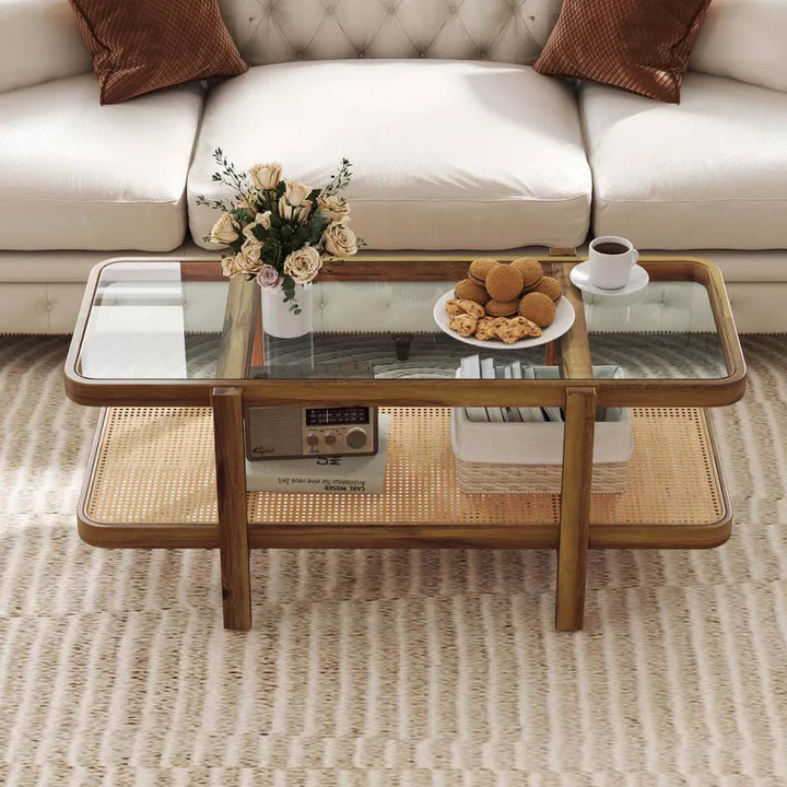 Aaradhya Solid Wood Coffee Table with Cane Weaving and Glass Top