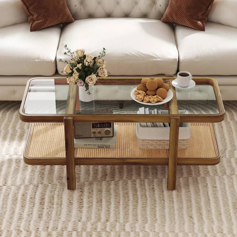 Aaradhya Solid Wood Coffee Table with Cane Weaving and Glass Top