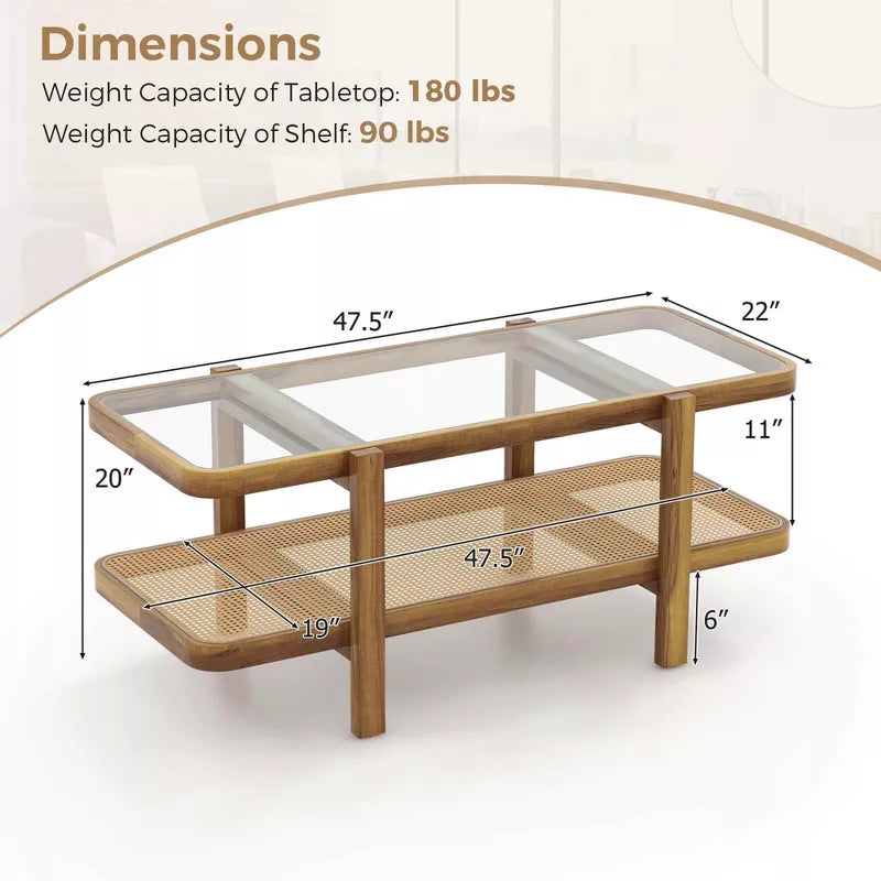 Aaradhya Solid Wood Coffee Table with Cane Weaving and Glass Top