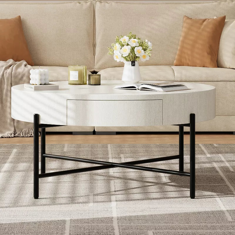 Dakshita Coffee Table in White Colour MDF Frame and Black Metal Frame