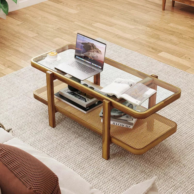Aaradhya Solid Wood Coffee Table with Cane Weaving and Glass Top