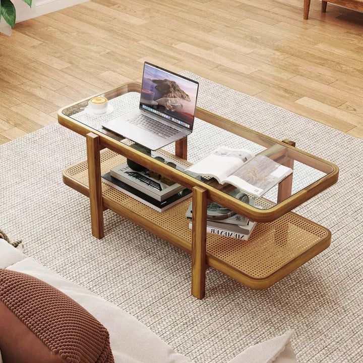 Aaradhya Solid Wood Coffee Table with Cane Weaving and Glass Top