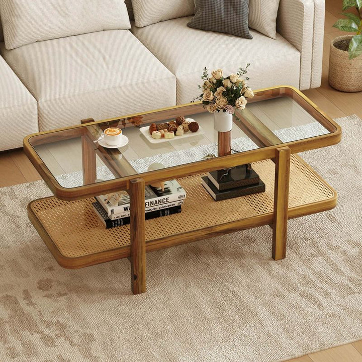 Aaradhya Solid Wood Coffee Table with Cane Weaving and Glass Top