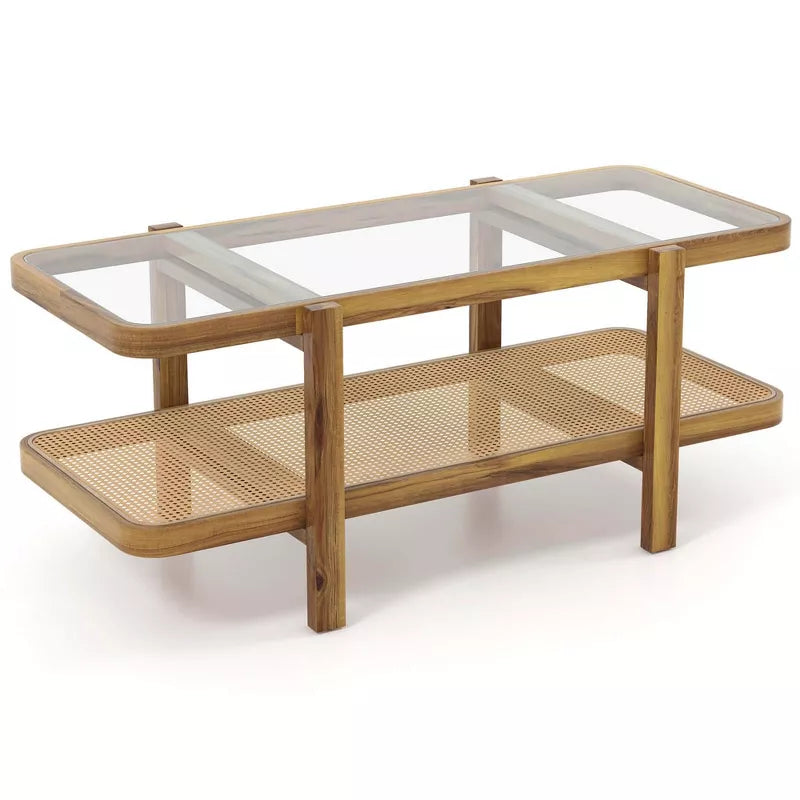 Aaradhya Solid Wood Coffee Table with Cane Weaving and Glass Top