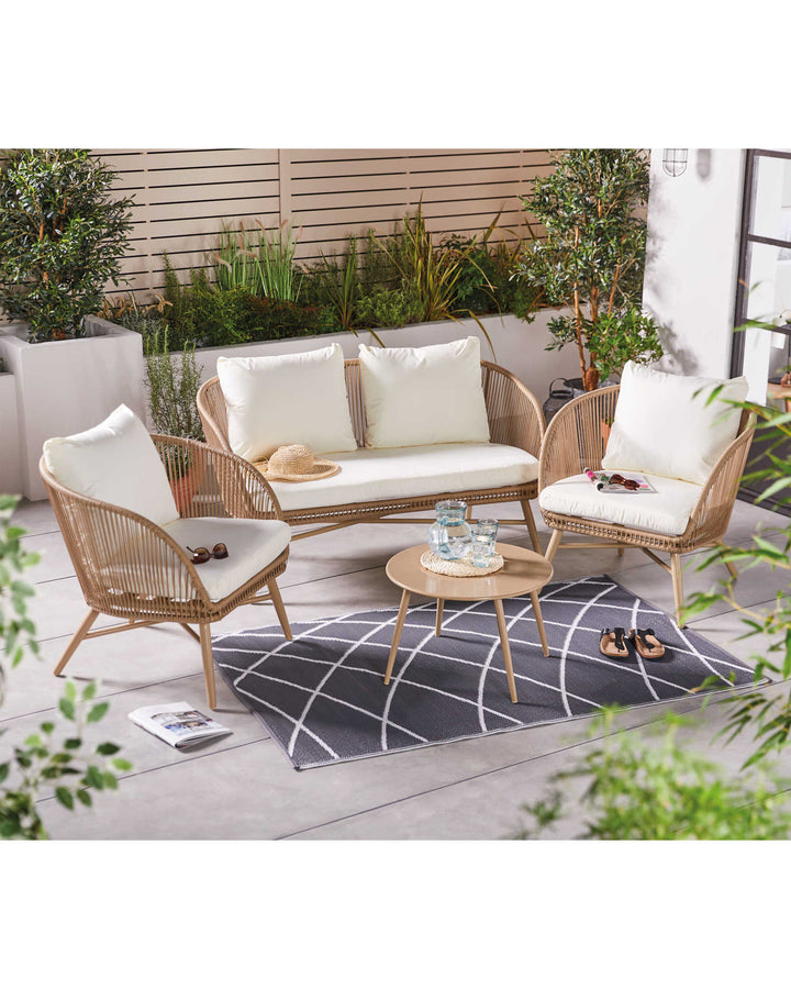 Palmer Outdoor Garden Balcony Sofa Set 2 Seater, 2 Single seater and 1 Center Table Set (White + Tan)